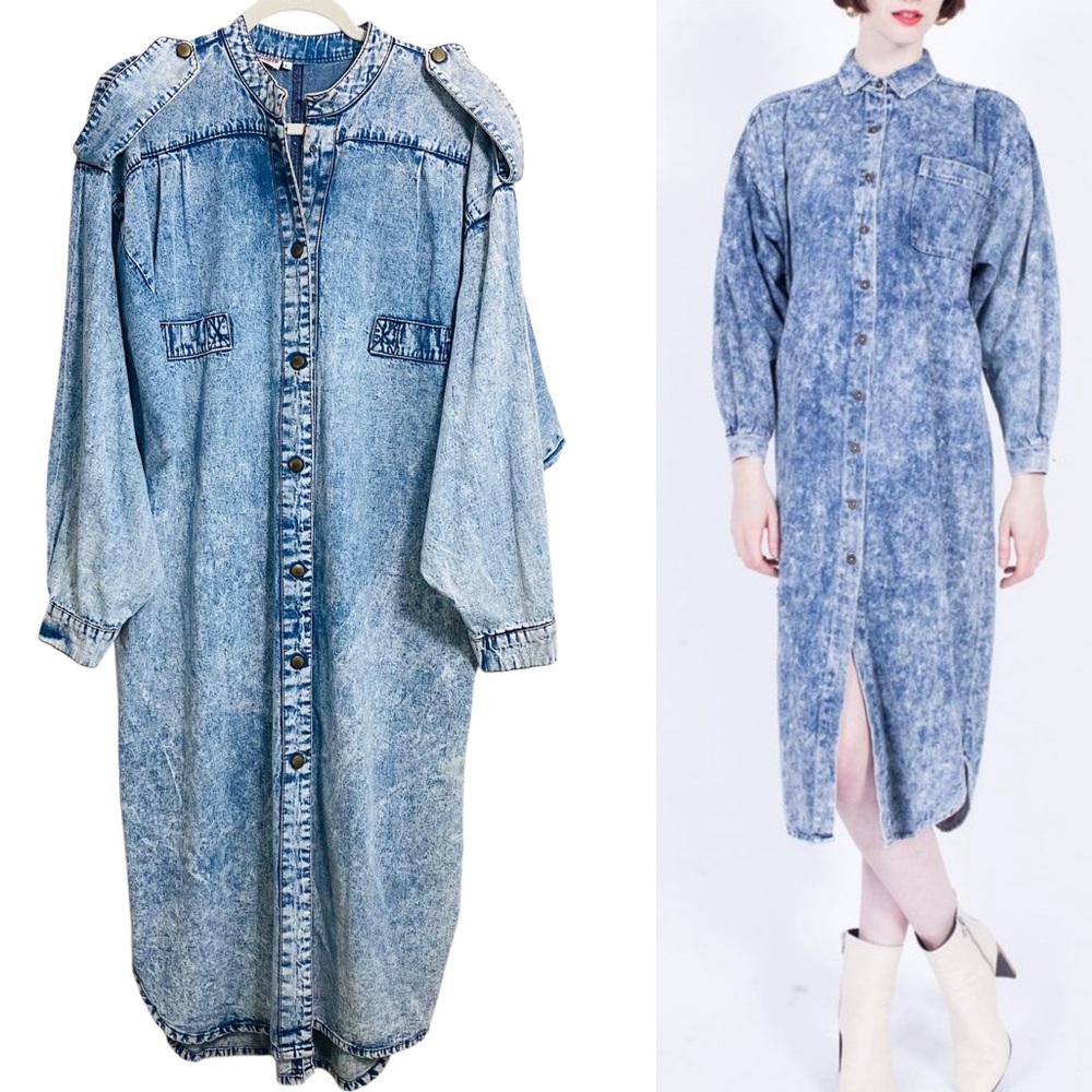 Jack Mulqueen Vintage Acid Washed Denim‎ Button Down Dress Size Large